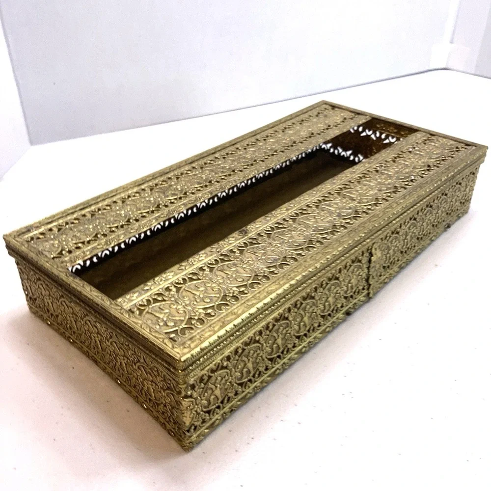 Vintage MCM Gold Tone‎ Brass Tissue Box Filigree Holder Ornate Hollywood Regency